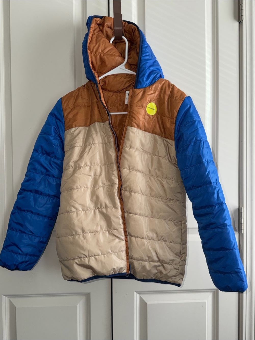 Epic Threads Colorblock Hooded Puffer Jacket - Blue/Tan/Cream
